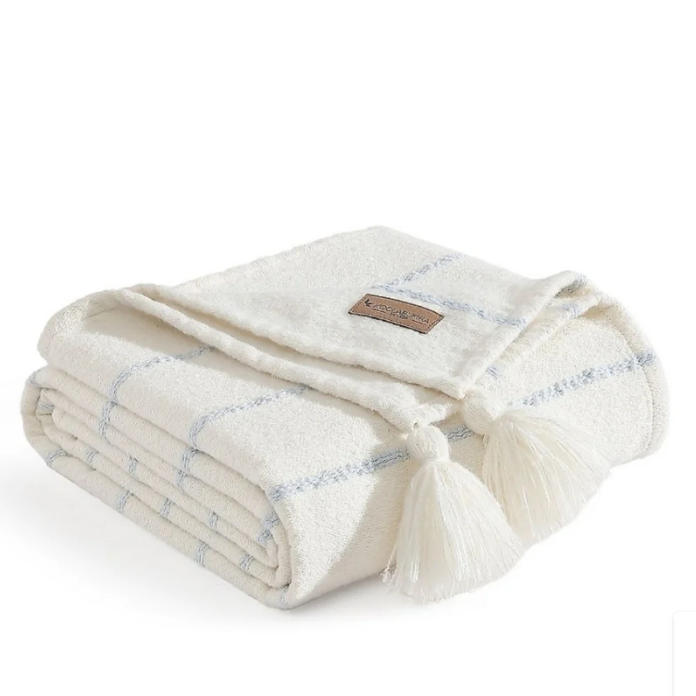 New! UGG Koolaburra Boucle Woven Tassel Cream Baby Blue Stripes Throw Blanket